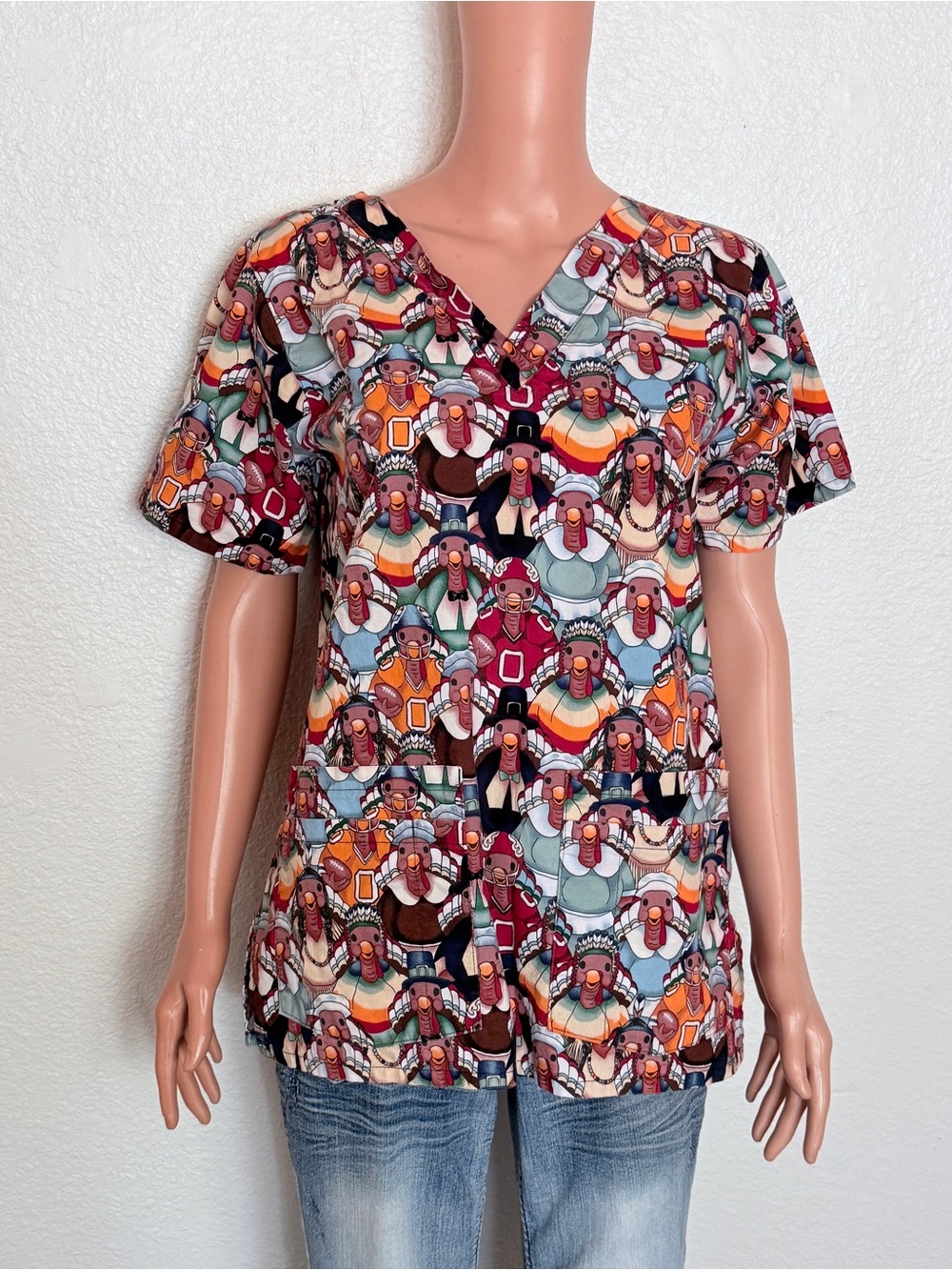 Vtg Landau 100% Cotton Thanksgiving Novelty Print Scrub Top